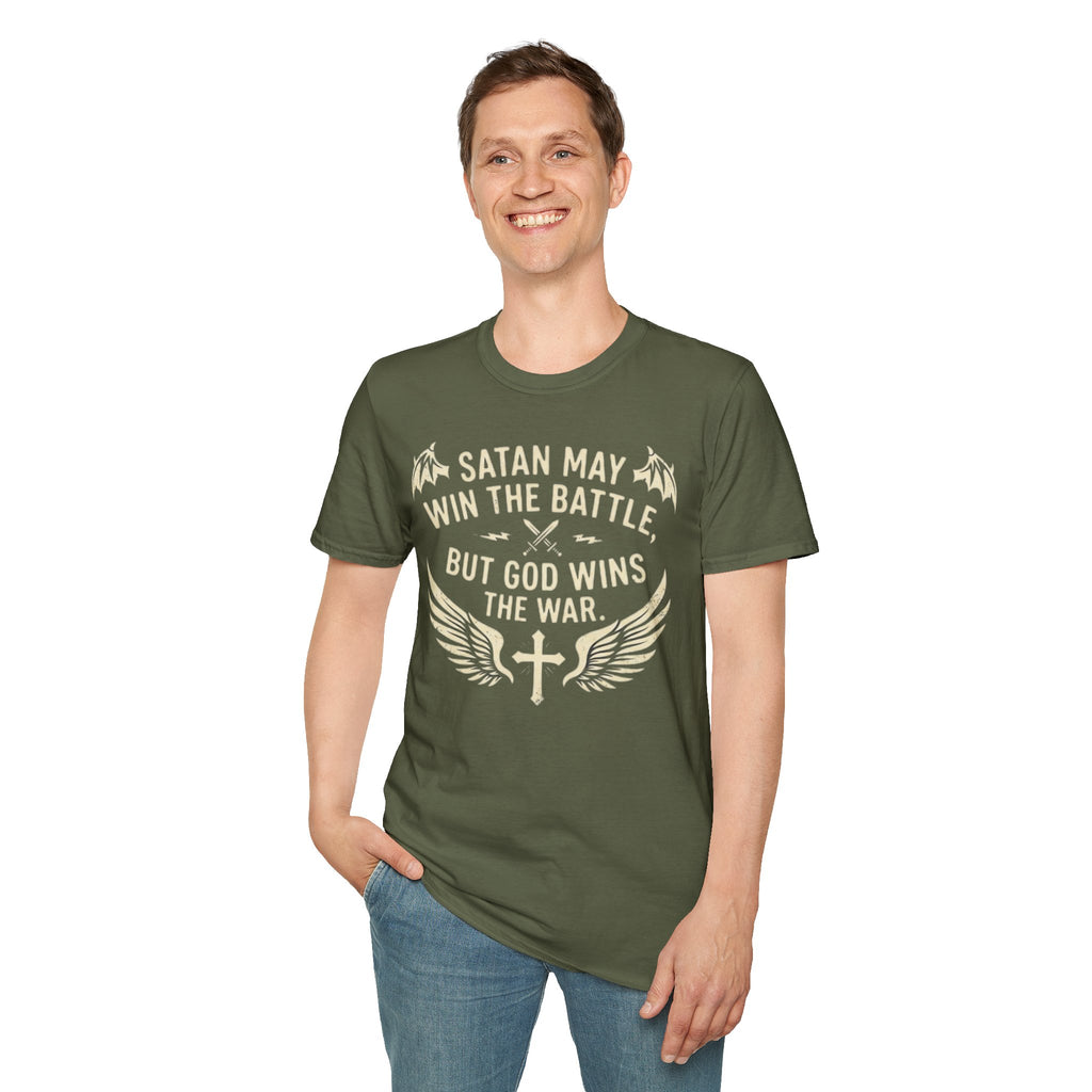 Religious Graphic T-Shirt — "Satan May Win the Battle, But God Wins the War"