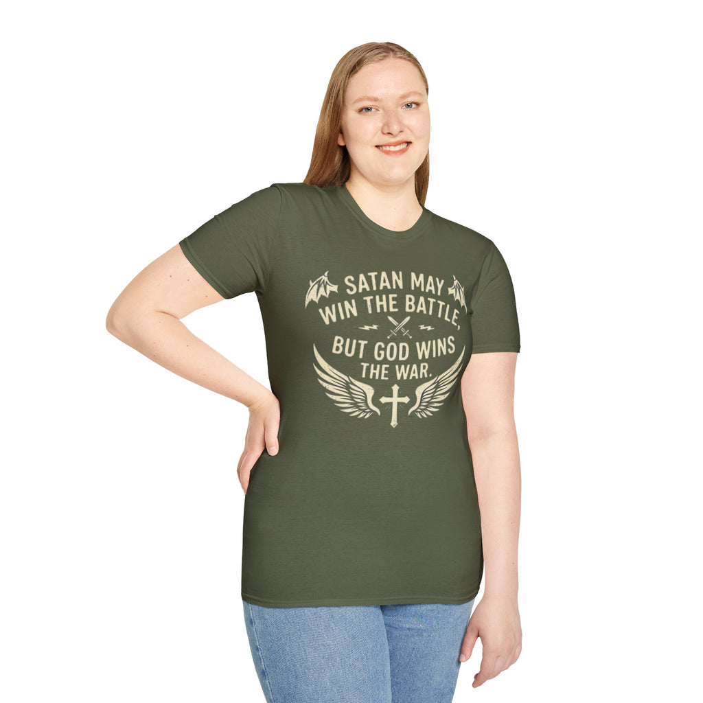 Religious Graphic T-Shirt — "Satan May Win the Battle, But God Wins the War"